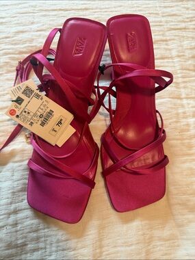 Zara Hot Pink Strappy Square-Toe Heeled Sandals